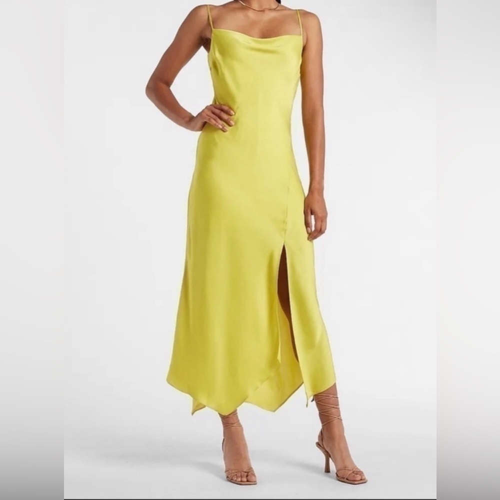 Express Elegant Lime/Yellow Satin Like Dress with Split